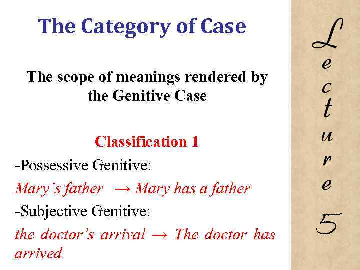 The Category of Case The scope of meanings rendered by the Genitive Case Classification