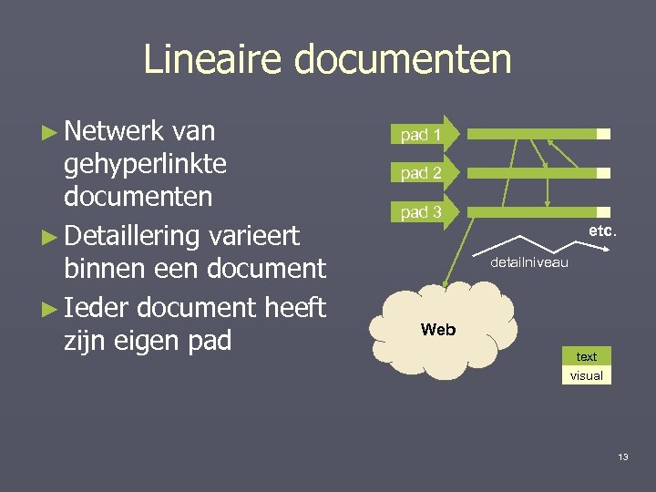 Lineaire documenten ► Netwerk van gehyperlinkte documenten ► Detaillering varieert binnen een document ►