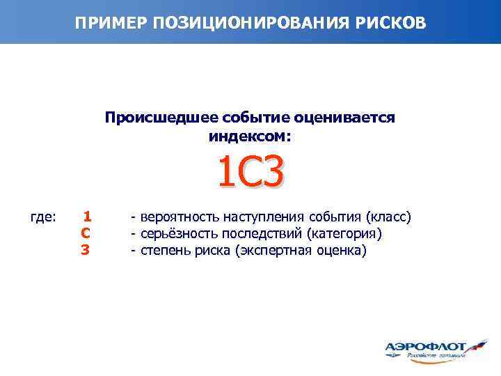 ПРИМЕР ПОЗИЦИОНИРОВАНИЯ РИСКОВ Происшедшее событие оценивается индексом: 1 С 3 где: 1 С 3