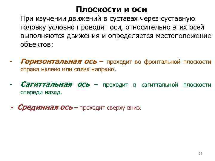 Плоскости и оси При изучении движений в суставах через суставную головку условно проводят оси,