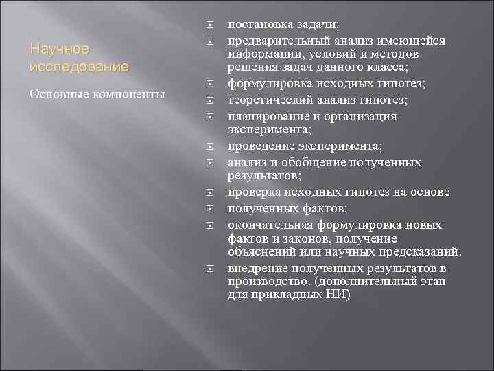  Научное исследование Основные компоненты постановка задачи; предварительный анализ имеющейся информации, условий и методов