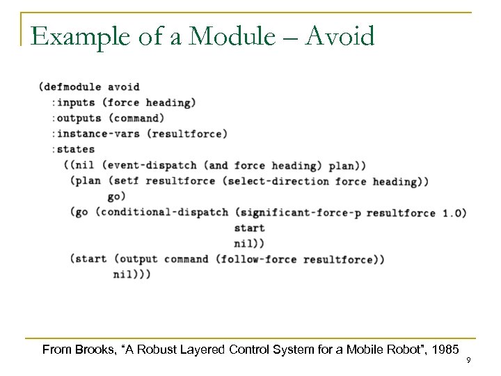 Example of a Module – Avoid From Brooks, “A Robust Layered Control System for