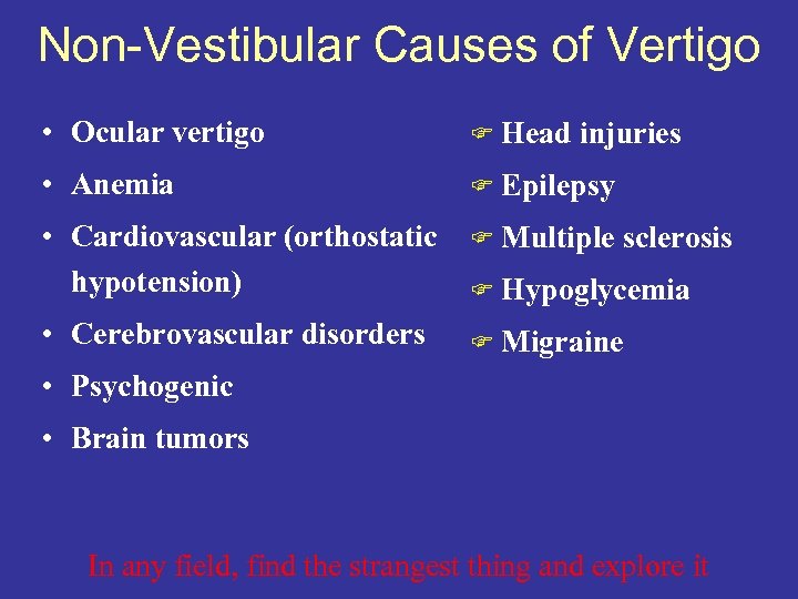 Non-Vestibular Causes of Vertigo • Ocular vertigo F Head injuries • Anemia F Epilepsy