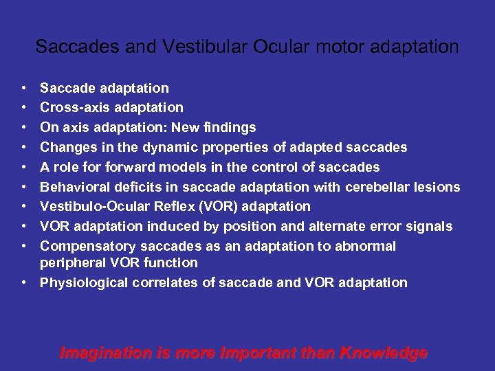 Saccades and Vestibular Ocular motor adaptation • • • Saccade adaptation Cross-axis adaptation On