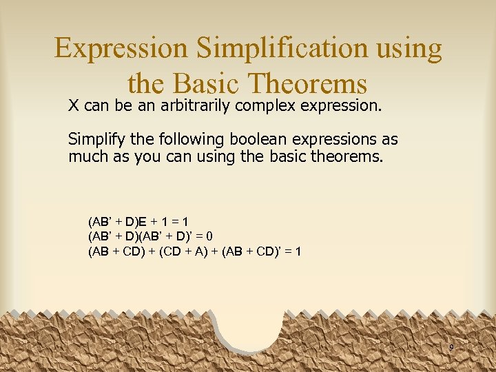 Expression Simplification using the Basic Theorems X can be an arbitrarily complex expression. Simplify