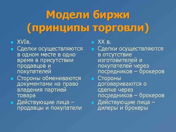 Модели биржи (принципы торговли) n n XVIв. Сделки осуществляются в одном месте в одно