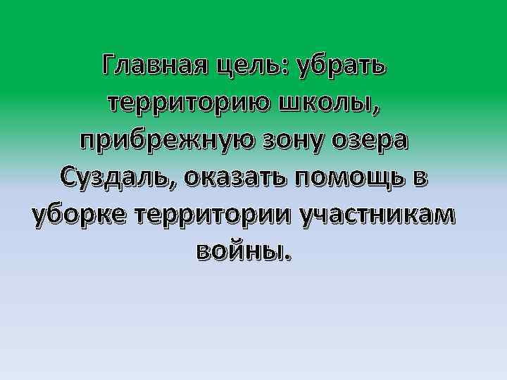 Главная цель: убрать территорию школы, прибрежную зону озера Суздаль, оказать помощь в уборке территории