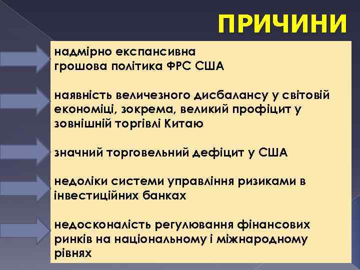 ПРИЧИНИ надмірно експансивна грошова політика ФРС США наявність величезного дисбалансу у світовій економіці, зокрема,