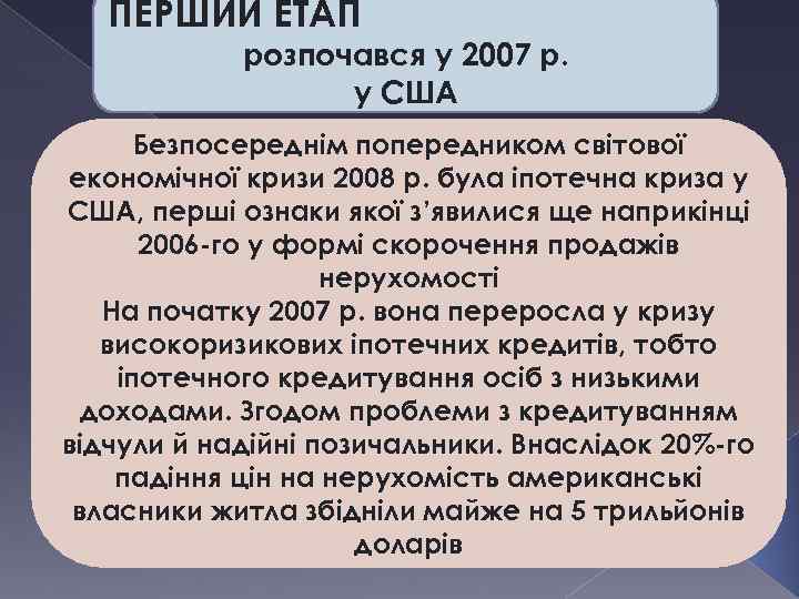 ПЕРШИЙ ЕТАП розпочався у 2007 р. у США Безпосереднім попередником світової економічної кризи 2008