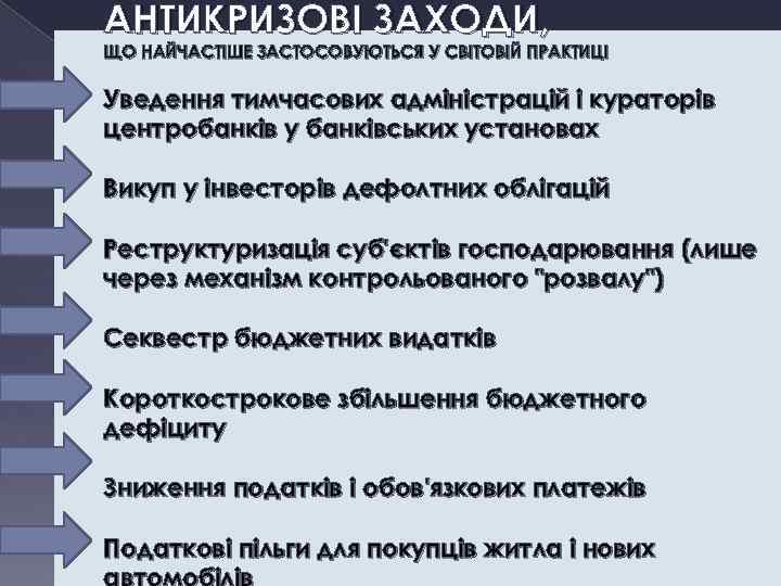 АНТИКРИЗОВІ ЗАХОДИ, ЩО НАЙЧАСТІШЕ ЗАСТОСОВУЮТЬСЯ У СВІТОВІЙ ПРАКТИЦІ Уведення тимчасових адміністрацій і кураторів центробанків