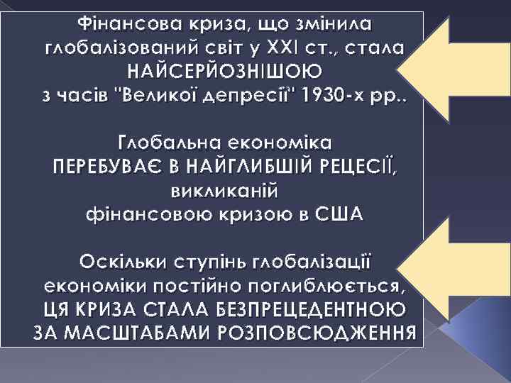 Фінансова криза, що змінила глобалізований світ у ХХІ ст. , стала НАЙСЕРЙОЗНІШОЮ з часів