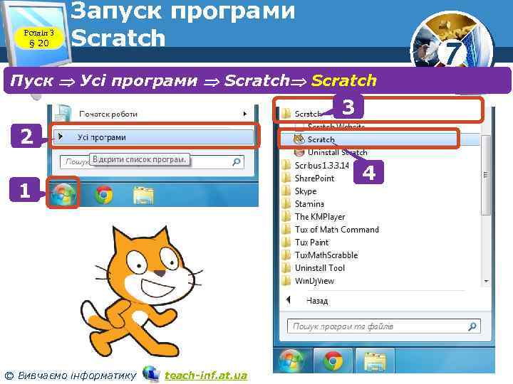 Розділ 3 § 20 Запуск програми Scratch Пуск Усі програми Scratch 3 2 4