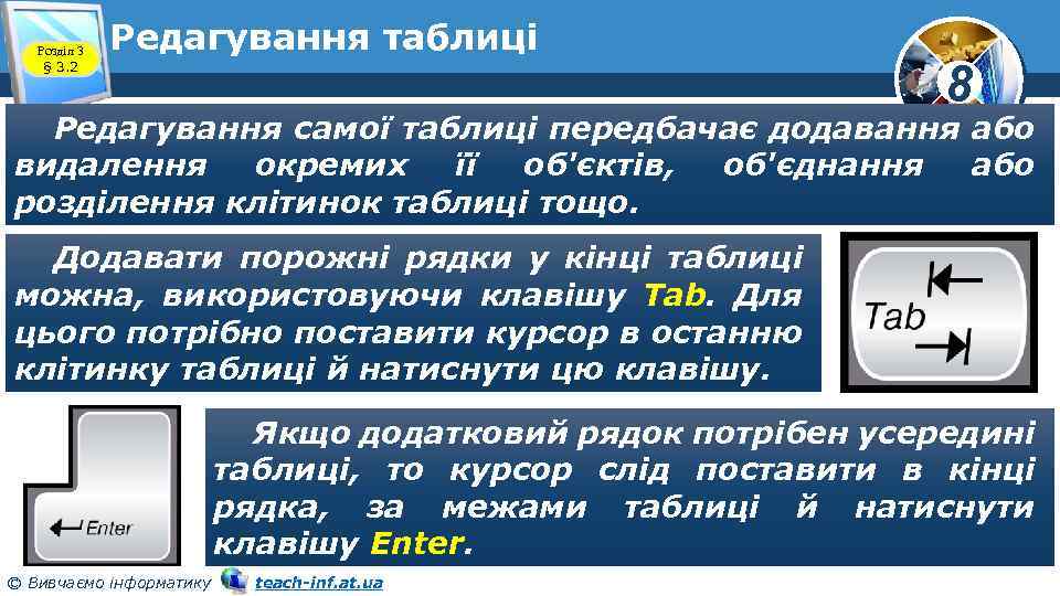 Розділ 3 § 3. 2 Редагування таблиці 8 Редагування самої таблиці передбачає додавання або