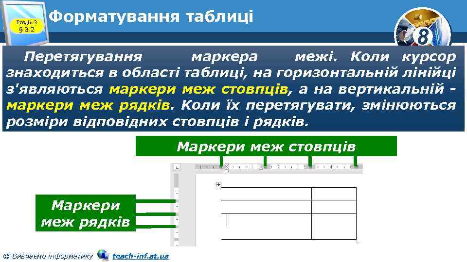 Розділ 3 § 3. 2 Форматування таблиці 8 Перетягування маркера межі. Коли курсор знаходиться