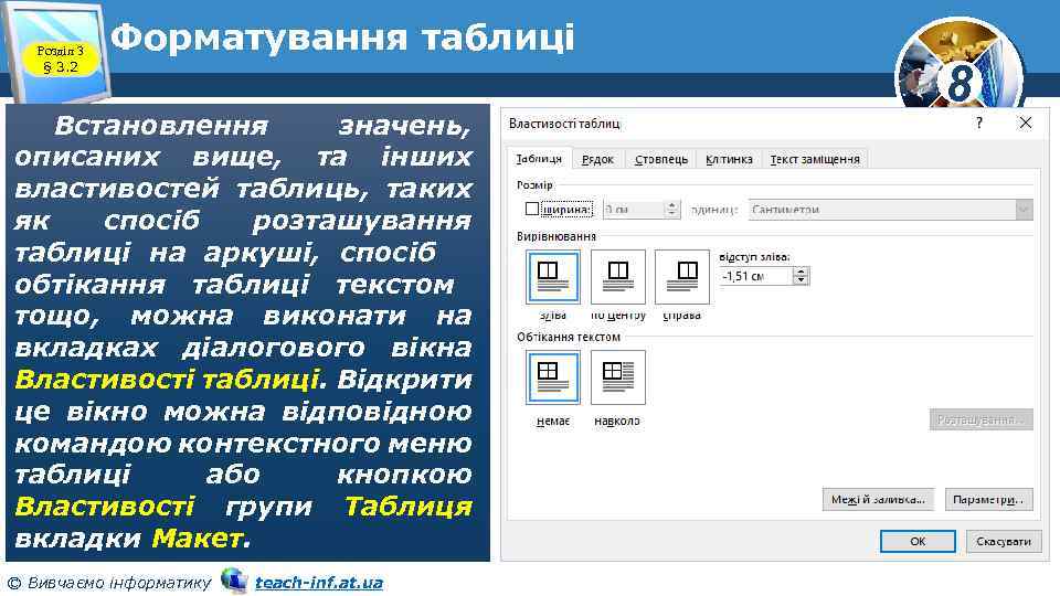 Розділ 3 § 3. 2 Форматування таблиці Встановлення значень, описаних вище, та інших властивостей
