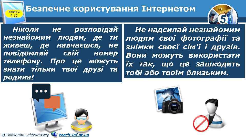 Розділ 2 § 10 Безпечне користування Інтернетом Ніколи не розповідай незнайомим людям, де ти