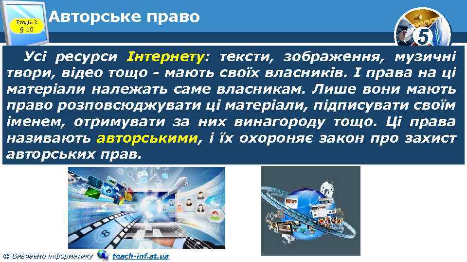 Розділ 2 § 10 Авторське право 5 Усі ресурси Інтернету: тексти, зображення, музичні твори,