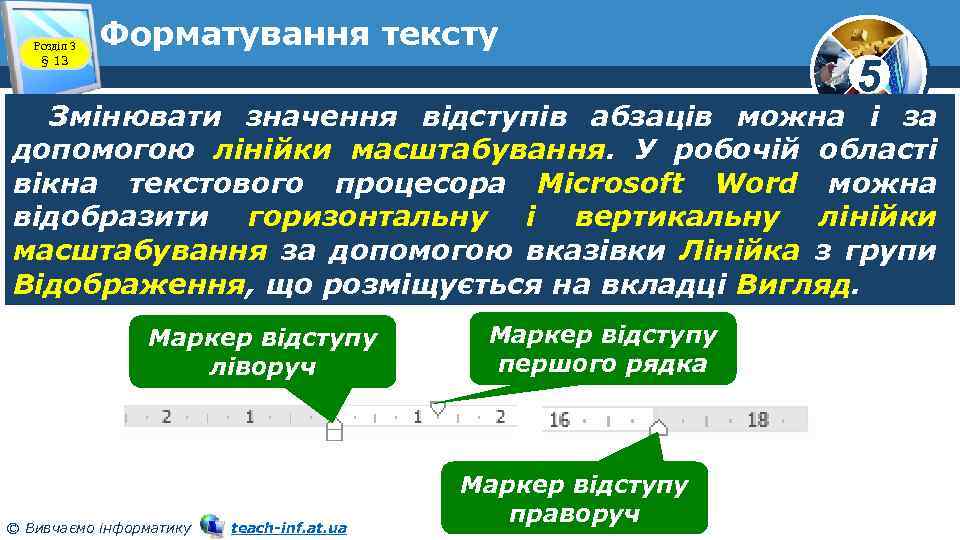 Розділ 3 § 13 Форматування тексту 5 Змінювати значення відступів абзаців можна і за