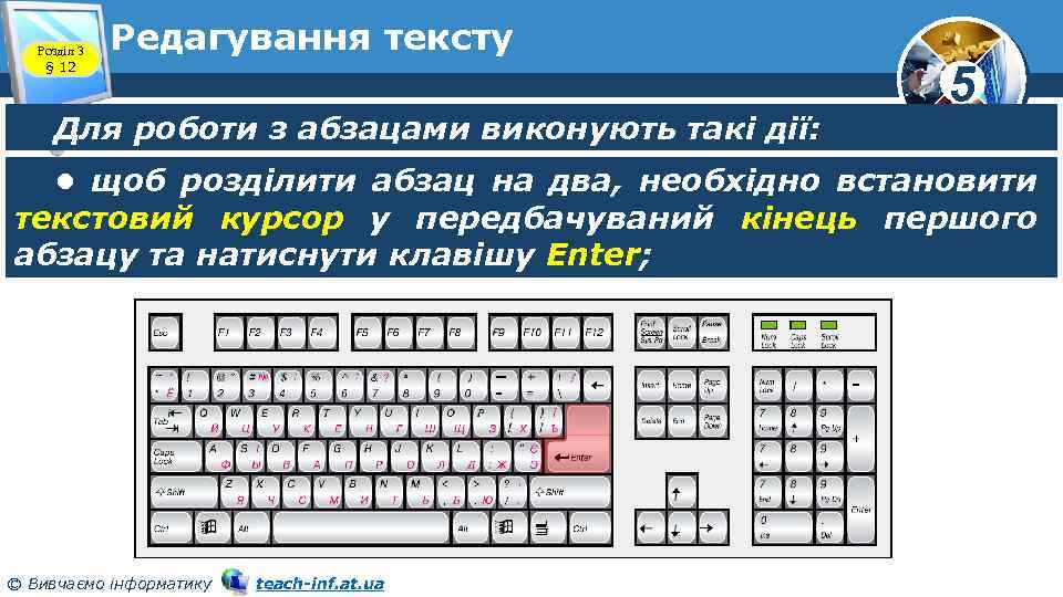 Розділ 3 § 12 Редагування тексту Для роботи з абзацами виконують такі дії: 5