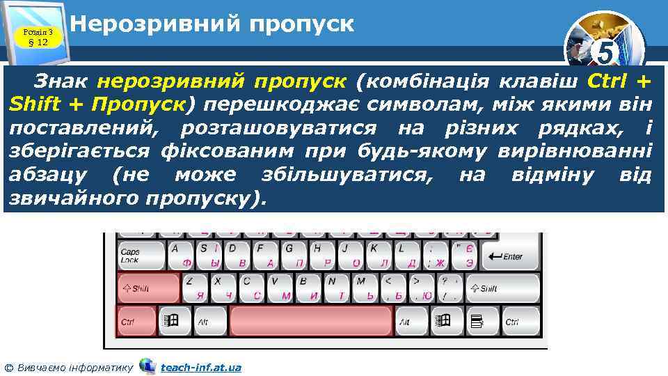 Розділ 3 § 12 Нерозривний пропуск 5 Знак нерозривний пропуск (комбінація клавіш Ctrl +