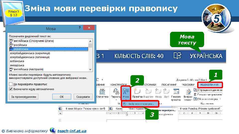 Розділ 3 § 12 Зміна мови перевірки правопису 5 Мова тексту 1 2 3