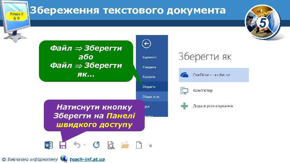 Розділ 2 § 9 Збереження текстового документа Файл Зберегти або Файл Зберегти як… Натиснути