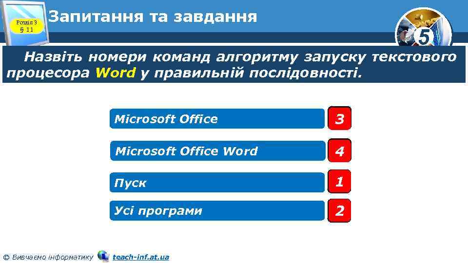 Розділ 3 § 11 Запитання та завдання 5 Назвіть номери команд алгоритму запуску текстового