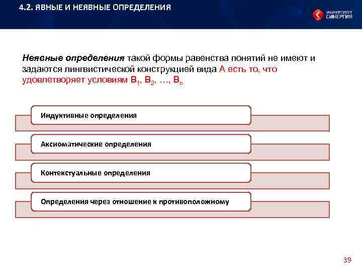 4. 2. ЯВНЫЕ И НЕЯВНЫЕ ОПРЕДЕЛЕНИЯ Неявные определения такой формы равенства понятий не имеют