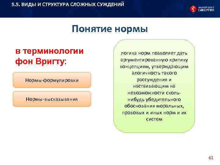 5. 5. ВИДЫ И СТРУКТУРА СЛОЖНЫХ СУЖДЕНИЙ Понятие нормы в терминологии фон Вригту: Вригту