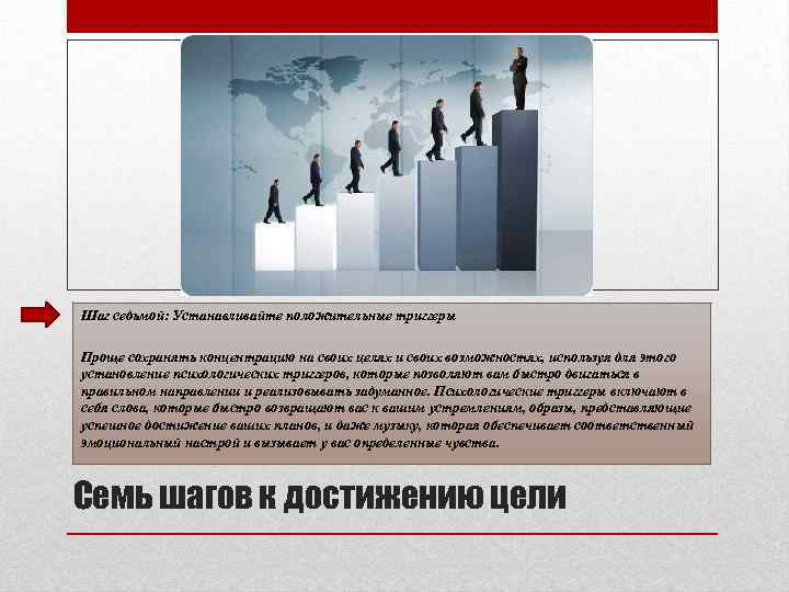 Шаг седьмой: Устанавливайте положительные триггеры Проще сохранять концентрацию на своих целях и своих возможностях,