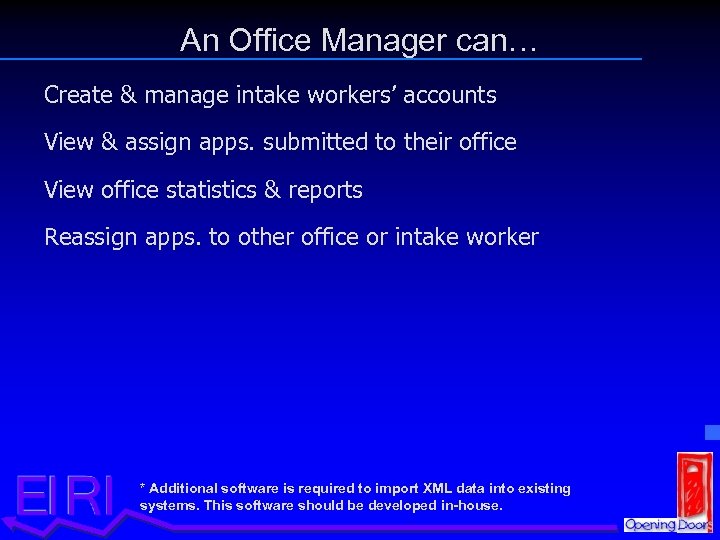 An Office Manager can… Create & manage intake workers’ accounts View & assign apps.