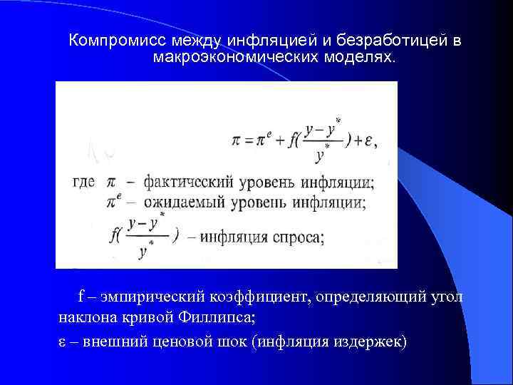 Компромисс между инфляцией и безработицей в макроэкономических моделях. f – эмпирический коэффициент, определяющий угол