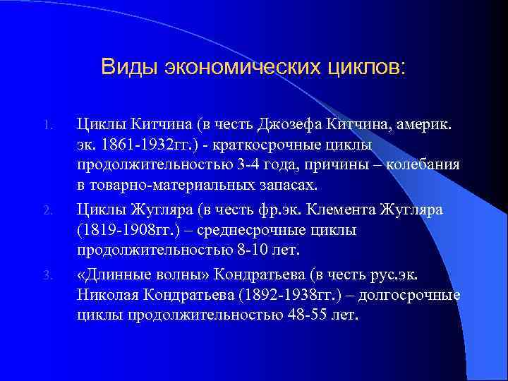 Виды экономических циклов: 1. 2. 3. Циклы Китчина (в честь Джозефа Китчина, америк. эк.