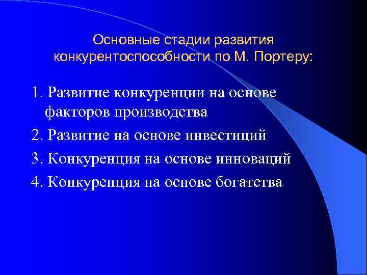 Основные стадии развития конкурентоспособности по М. Портеру: 1. Развитие конкуренции на основе факторов производства