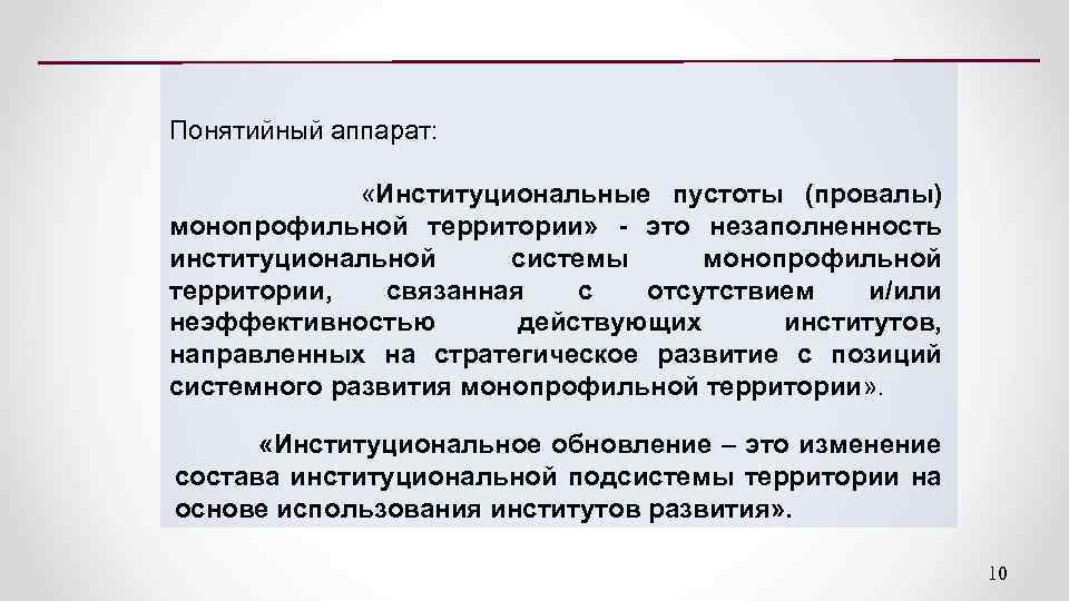 Понятийный аппарат: «Институциональные пустоты (провалы) монопрофильной территории» - это незаполненность институциональной системы монопрофильной территории,