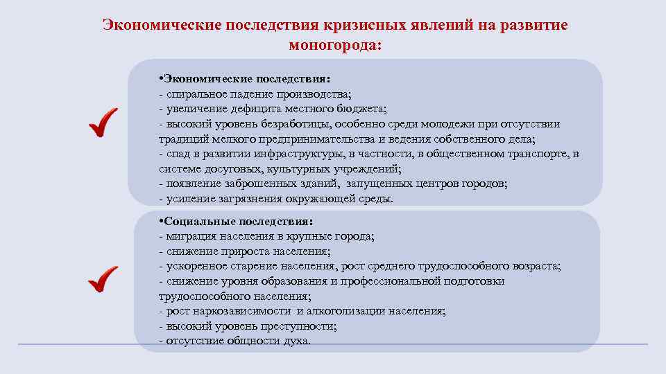 Экономические последствия кризисных явлений на развитие моногорода: • Экономические последствия: - спиральное падение производства;