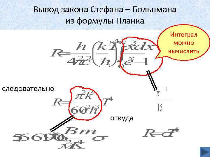 Вывод закона Стефана – Больцмана из формулы Планка Интеграл можно вычислить следовательно откуда 