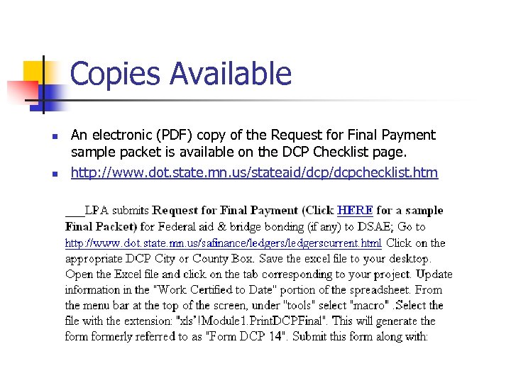 Copies Available n n An electronic (PDF) copy of the Request for Final Payment