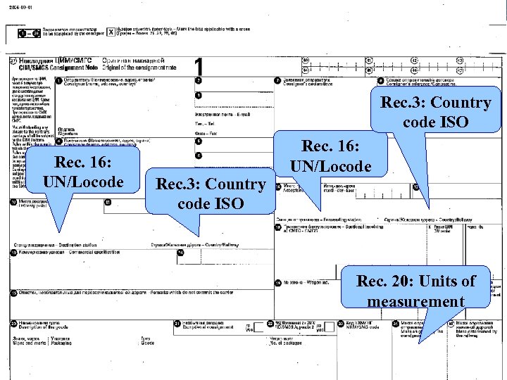 Rec. 3: Country code ISO Rec. 16: UN/Locode Rec. 20: Units of measurement 