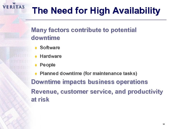 The Need for High Availability Many factors contribute to potential downtime t Software t