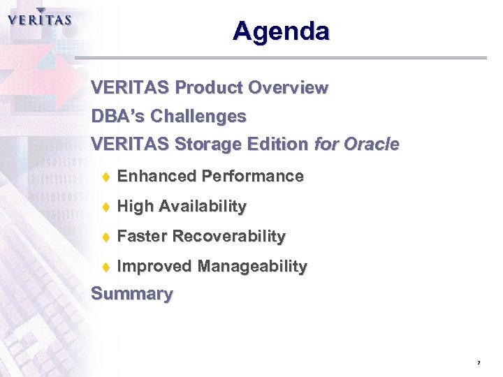 Agenda VERITAS Product Overview DBA’s Challenges VERITAS Storage Edition for Oracle t Enhanced Performance