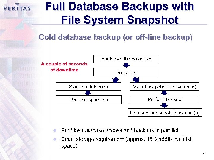 Full Database Backups with File System Snapshot Cold database backup (or off-line backup) A