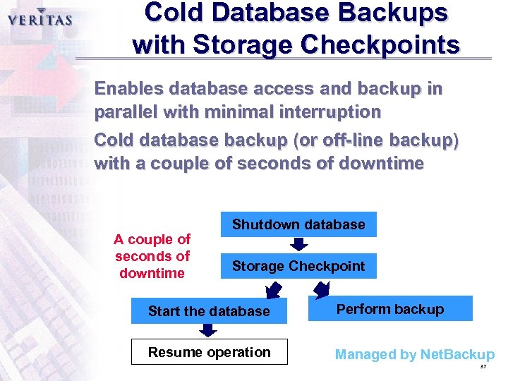 Cold Database Backups with Storage Checkpoints Enables database access and backup in parallel with