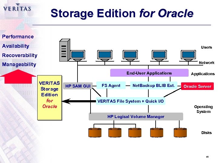 Storage Edition for Oracle Performance Availability Users Recoverability Network Manageability End-User Applications VERITAS Storage