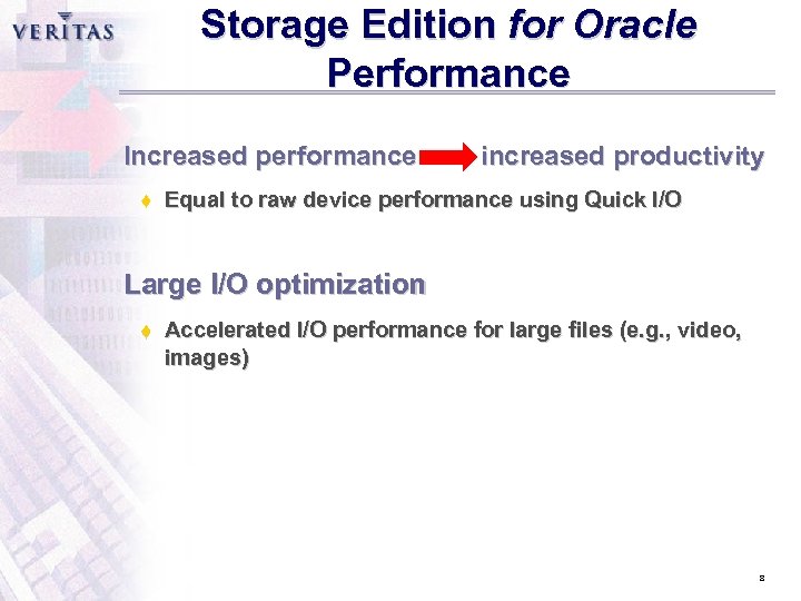 Storage Edition for Oracle Performance Increased performance t increased productivity Equal to raw device