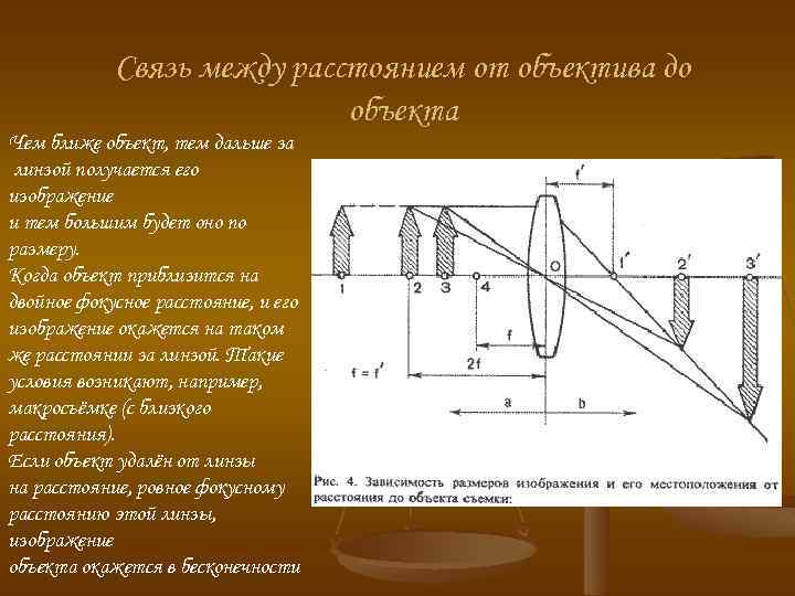 Связь между расстоянием от объектива до объекта Чем ближе объект, тем дальше за линзой