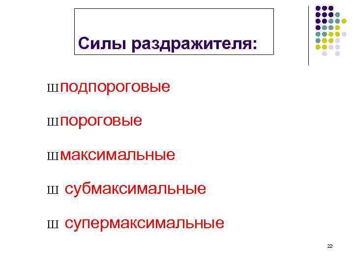 Силы раздражителя: Ш подпороговые Ш максимальные Ш субмаксимальные Ш супермаксимальные 22 