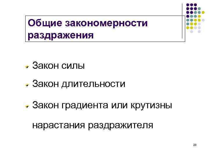 Общие закономерности раздражения Закон силы Закон длительности Закон градиента или крутизны нарастания раздражителя 23