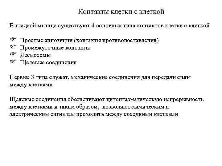 Контакты клетки с клеткой В гладкой мышце существуют 4 основных типа контактов клетки с