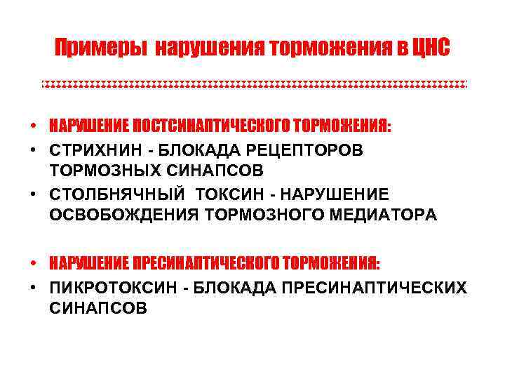 Примеры нарушения торможения в ЦНС • НАРУШЕНИЕ ПОСТСИНАПТИЧЕСКОГО ТОРМОЖЕНИЯ: • СТРИХНИН - БЛОКАДА РЕЦЕПТОРОВ